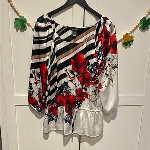 White House Black Market White Blouse with Red Floral & Black Stripe Accents